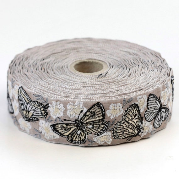 KAFKA G-22/03 Jacquard Ribbon Woven Organic Cotton Trim 1-1/4" wide (32mm) Taupe with Black/White/Cream Butterflies, White & Cream Blossoms