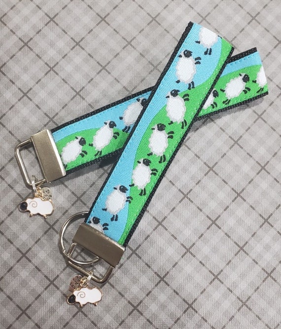 Jacquard Ribbon/Nylon Web 1" wide (25mm) Key Fobs - Black & White Jumping Sheep w/Charms, Keychain, Wristlet, Luggage Tags 5.5" long
