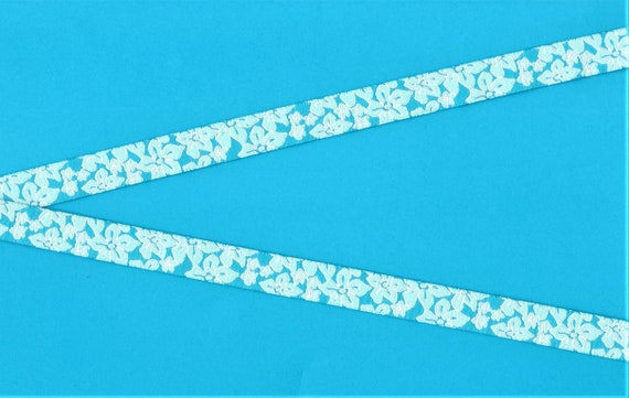 FLORAL B-80-A Jacquard Ribbon Poly Trim 1/2" wide (13mm) Douglas Paquette "Tropical Mint" Aqua & White Hibiscus Style Flowers