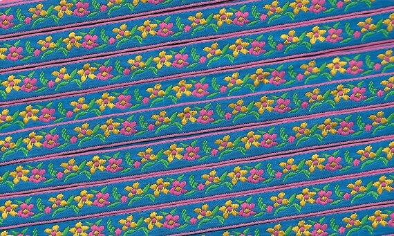 FLORAL A-30-N Jacquard Ribbon Poly Trim 3/8" Wide (9mm) Turquoise Background w/Hot Pink & Yellow Flowers, Green Leaves