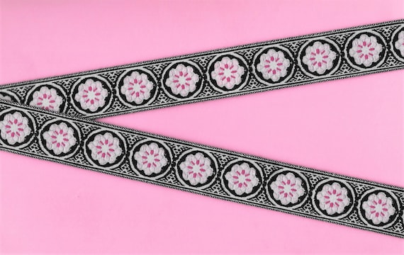 FLORAL F-03-D Jacquard Ribbon Trim, Cotton, 1" Wide, Black & White with Baby Pink Floral Medallion, Rose Pink Accents, REMNANTS