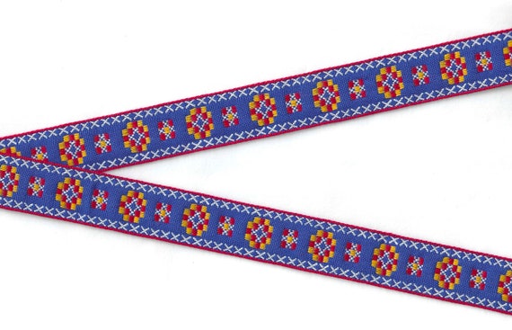 NATIVE AMERICAN E-13-E Jacquard Ribbon Cotton Trim 7/8" wide (22mm) Blue w/Red Borders, Red, Yellow & White "Cross Stitch" Motif