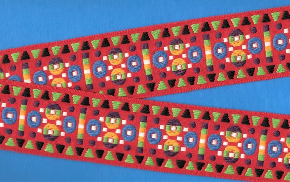 NATIVE AMERICAN K-03-F Jacquard Ribbon Cotton Trim, 2" Wide (50mm) Red Background w/Green Black, Purple, Yellow & Blue Circles, Per Yard