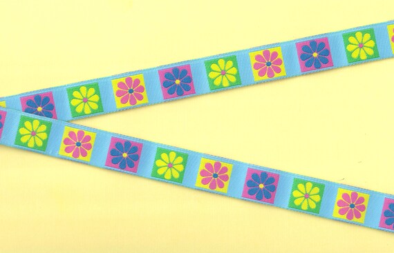 FLORAL D-46-A Jacquard Ribbon Poly Trim 3/4" wide (20mm) Bright, Colorful Happy Daisies