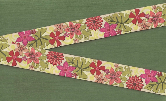 FLORAL G-128-A Jacquard Ribbon Poly Trim 1-1/8" wide (28mm) "French Bouquet" in Olive/Rose/Tan/Burgundy