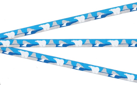 SALE RDS B-20-C Jacquard Ribbon Poly Trim, 1/2" Wide (13mm) Blue Background White Polar Bears, Original Design, DISCONTINUED 5yd lengths
