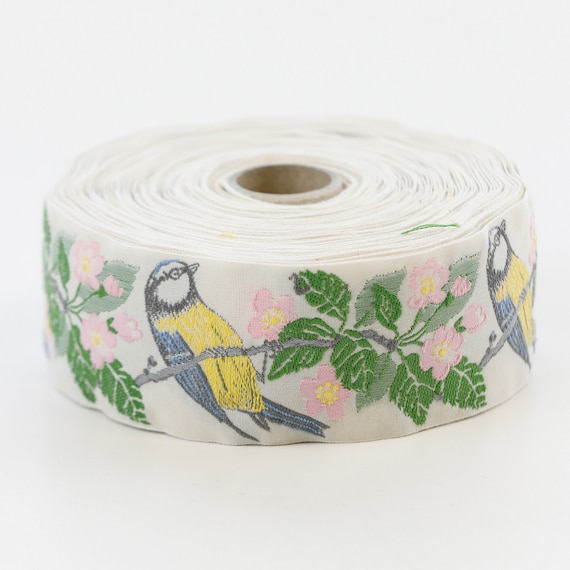 KAFKA H-12/02 Jacquard Ribbon Woven Organic Cotton Trim 1-1/2" wide (40mm) Ivory, Blue & Yellow Titmouse Birds, Pink Cherry Blossoms