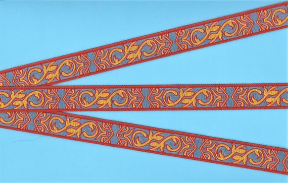 GEOMETRIC D-29-A Jacquard Ribbon Poly Trim 3/4" wide (20mm) Sky Blue Background, Red Borders, Yellow-Gold Scrolls w/Red Accents