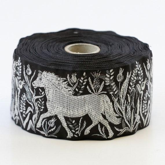 KAFKA K-06/08 Jacquard Ribbon Woven Organic Cotton Trim 2" wide (50mm) Black w/White & Gray Horses, White Gray Silver Grasses
