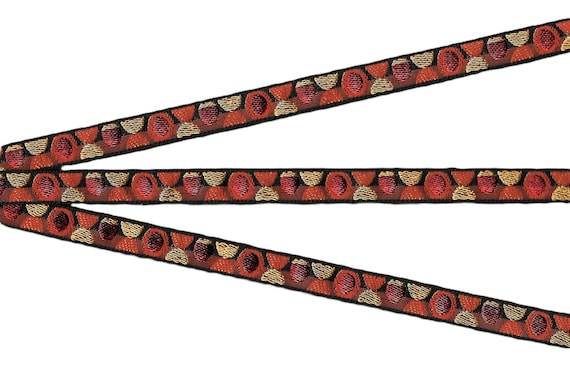 POLKA DOTS B-21-E Jacquard Ribbon Poly Trim 1/2" wide (13mm) RARE Made in France, Black w/Red/Gold/Pumpkin Mod Retro Polka Dots