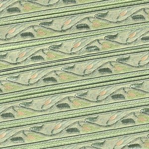 Nastro jacquard in poliestere FLORAL B-34-D largo 9/16", VINTAGE, prodotto in Francia, in tonalità di verde e beige, foglie e viti rampicanti