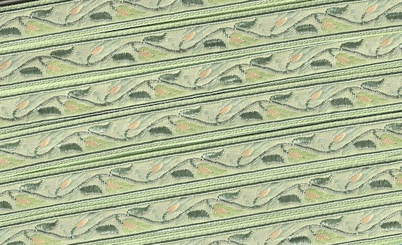 FLORAL B-34-D Jacquard Ribbon Poly Trim 9/16" wide, VINTAGE Made in France, In Shades of Green & Beige, Leaves and Climbing Vines