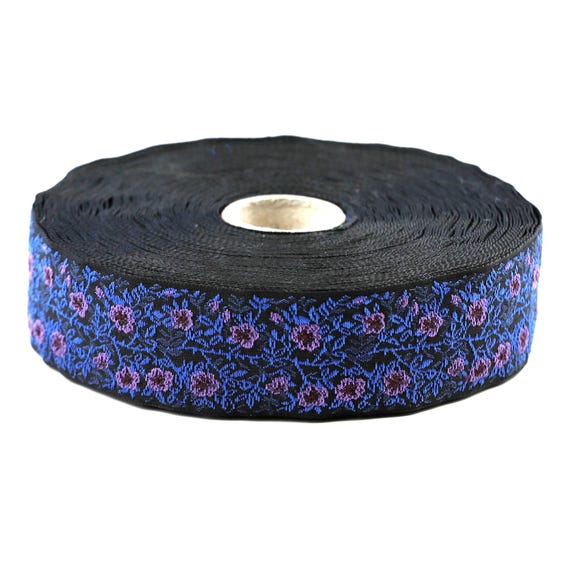 KAFKA F-02/45 Jacquard Ribbon Woven Organic Cotton Trim 1" wide (25mm) Black Background w/Purple & Burgundy Dog Roses, 2-Tone Blue Leaves