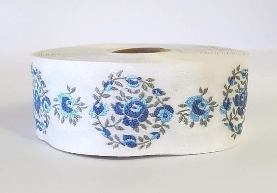KAFKA G-30/06 Jacquard Ribbon Woven Organic Cotton Trim 1-1/4" wide (32mm) "Rose Wreath" White Satin w/Blue Flowers & Greenery, Bridal