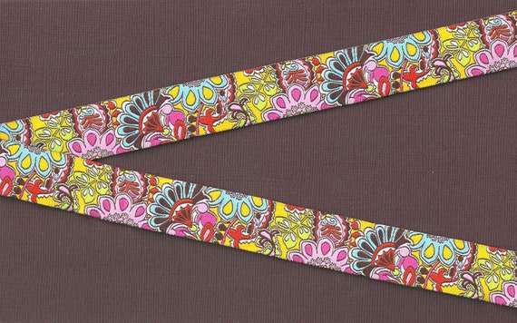FLORAL E-02-A Jacquard Ribbon Polyester Trim 7/8" wide (22mm) Golden Yellow Background w/Multi-Colored Flowers, Lime Green Leaves