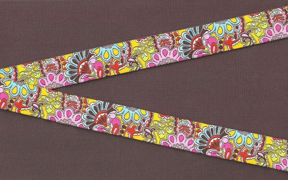 FLORAL E-02-A Jacquard Ribbon Polyester Trim 7/8" wide (22mm) Golden Yellow Background w/Multi-Colored Flowers, Lime Green Leaves, Per Yard