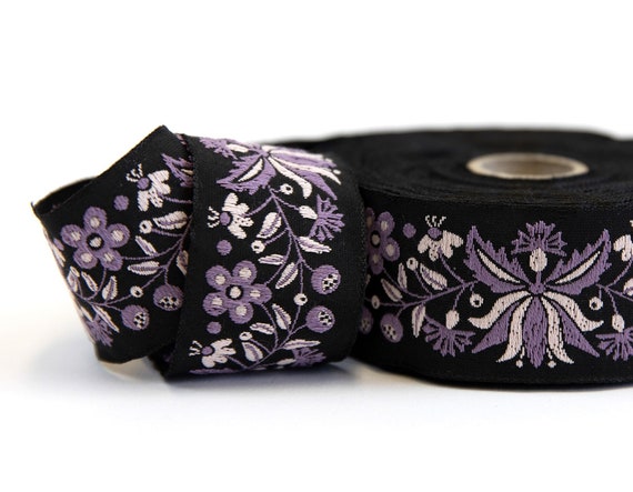 KAFKA G-19/01 Jacquard Ribbon Woven Organic Cotton Trim 1-1/4" wide (32mm) "Frida Blumenranke" Black w/Purple & Lt Lilac Flowers