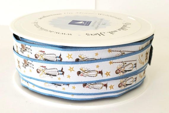 DANIELA DRESCHER Holiday Jacquard Ribbon Woven Trim 5/8" wide (16mm) From Germany, "Nativity Angels" in White, Blue & Yellow Stars