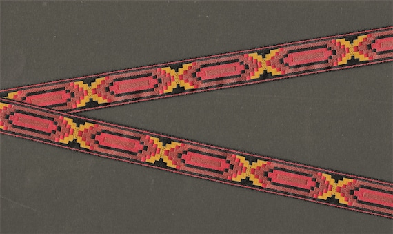 NATIVE AMERICAN D-31-B Jacquard Ribbon Poly Trim 3/4" wide (20mm) Black Background w/Red, Mustard Gold and Brown Accents