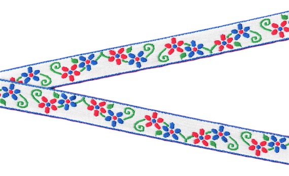 FLORAL D-21-B Jacquard Ribbon Cotton Trim 3/4" wide (20mm) White w/Red & Blue Flowers