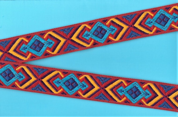 NATIVE AMERICAN G-07-A Jacquard Ribbon Cotton Trim, 1-1/4" Wide (32mm) Red Background w/Yellow Blue Purple Turquoise Native Design, Per Yard