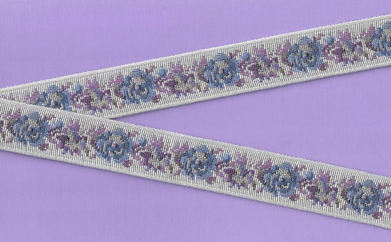 FLORAL TAPESTRY F-20-A Jacquard Ribbon Poly/Cotton Trim 1" Wide (25mm) Gray with Blue & Purple Flowers, Silver Metallic Accents, Per Yard