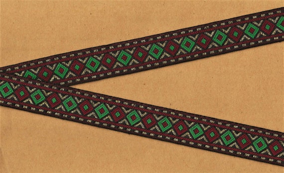 HOLIDAY F-06-A Jacquard Ribbon Poly Trim 1" wide (25mm) Red & Green Diamonds on Black with Metallic Gold Accents, Per Yard