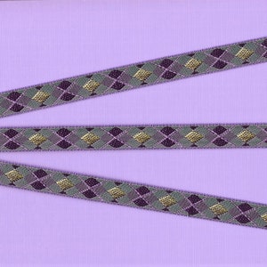 Cinta de jacquard GEOMÉTRICA B-25-B con ribete de poliéster de 1/2" de ancho (13 mm) RARO Fabricada en Francia, diseño de rombos en lila, violeta, verde y verde lima