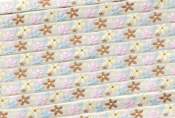 FLORAL A-38-A Jacquard Ribbon Poly Trim 3/8" Wide (9mm) Ivory Background w/Petite Pink, Cream, Brown & Blue Flowers, Per Yard