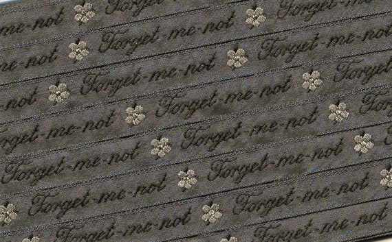 KAFKA A-03/F-09 Jacquard Ribbon Organic Cotton Trim 7/16" wide (10mm) Dark Blue-Gray, Gray & Metallic Gold Forget-Me-Nots, Black Text