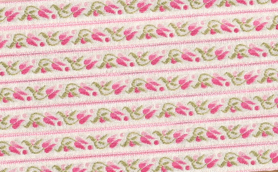 FLORAL B-10-E Jacquard Ribbon Rayon/Poly 9/16" wide Ivory Background with Variegated Pink Tulips & Dots, Lt Olive Leaves