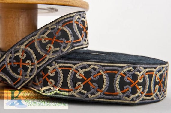 KAFKA G-11/09 Jacquard Ribbon Organic Cotton Woven Trim 1-1/4" wide (32mm) Black w/Gray, Orange & Taupe Celtic Love Knot Circles