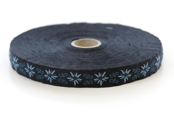 KAFKA C-03/02 Jacquard Ribbon Woven Organic Cotton Trim 5/8" wide (16mm) Black Background w/Blue Edelweiss Flowers, Blue Accents