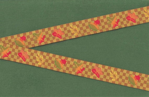 NOVELTY/Leaves E-01-A Jacquard Ribbon Poly Trim, 7/8" Wide (22mm) Autumn Leaves on Golden Brown Checkerboard Design, Per Yard
