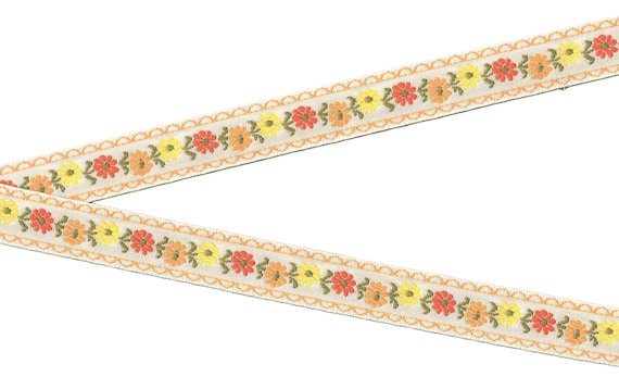 FLORAL D-16-C Jacquard Ribbon Cotton Trim 3/4" wide (20mm) VINTAGE, White, Yellow & Orange Flowers