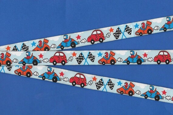 CHILDREN's C-32-A Jacquard Ribbon Poly Trim 5/8" Wide (16mm) Light Blue Background with Red/Blue/Orange Race Cars & Flags