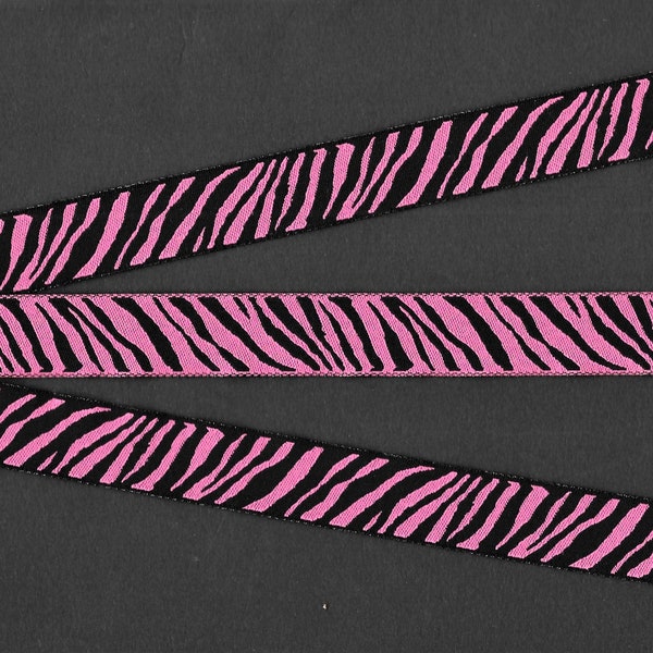 ANIMALS/Prints C-01-A Jacquard Ribbon Poly Trim, 5/8" Wide (16mm) REVERSIBLE, Black & Fuchsia Pink Zebra Stripe Design