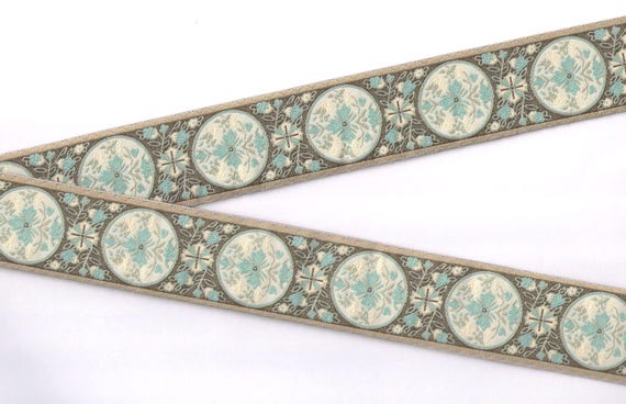 FLORAL H-31-F Jacquard Ribbon Poly Trim 1-1/2" wide (38mm) Tan w/Medallions in Ivory/Blue & Gray
