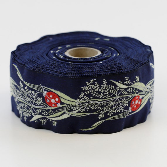 KAFKA H-01/08 Jacquard Ribbon Organic Woven Cotton Trim 1-1/2" wide (40mm) Navy w/Sweet Little Red Ladybugs, Green Leaves & Stems