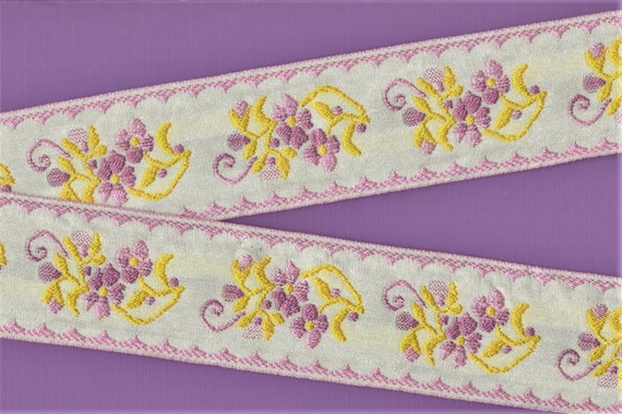 FLORAL K-21-B Jacquard Ribbon Cotton Trim 2" wide (50mm) VINTAGE Made in Italy, White w/Yellow & Purple Flowers, Olive Leaves, Per Yard