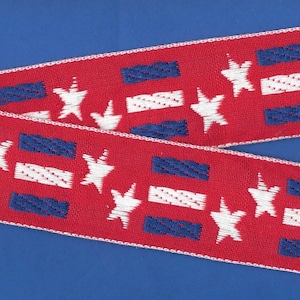 JULIO/VACACIONES K-01-A Cinta de algodón con ribete de jacquard de 2" de ancho (50 mm) VINTAGE Rojo con rayas azules y blancas Estrellas blancas, motivo del 4 de julio