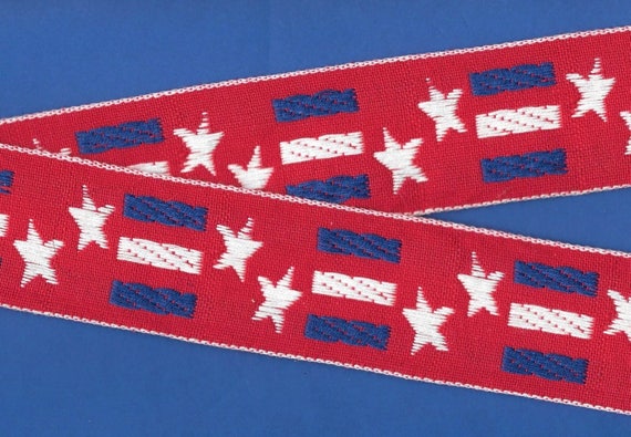 JULY/HOLIDAY K-01-A Jacquard Ribbon Cotton Trim 2" Wide (50mm) VINTAGE Red with Blue/White Stripes White Stars, 4th of July Motif