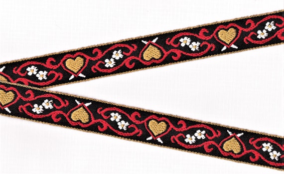 HEARTS/FLOWERS E-10-H Jacquard Ribbon Cotton Trim 15/16" wide (24mm) Black Background, Mustard Gold Hearts, White Flowers, Red Scrolls