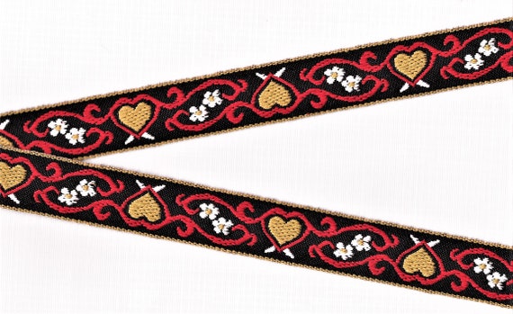 HEARTS/FLOWERS E-10-H Jacquard Ribbon Trim, Cotton, 15/16" Wide, Black Background, Mustard Gold Hearts, White Flowers, Red Scrolls