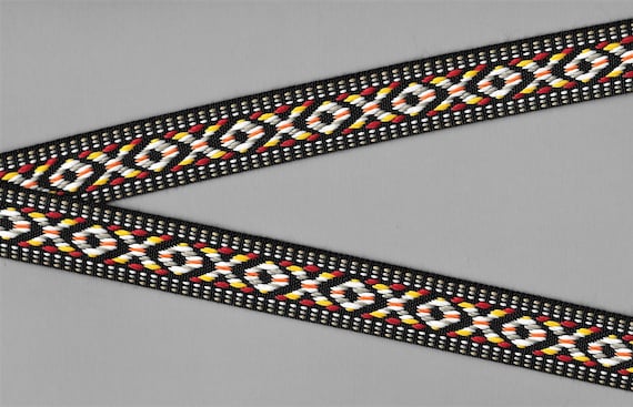 NATIVE AMERICAN F-30-C Jacquard Ribbon Poly Trim 1" wide (25mm) REVERSIBLE Black w/Red, Yellow, Tan, White & Beige Accents