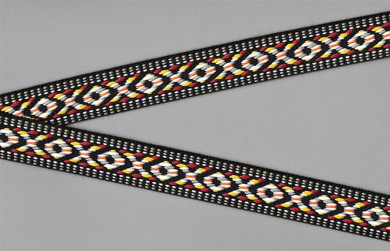 NATIVE AMERICAN F-30-C Jacquard Ribbon Poly Trim 1" wide (25mm) REVERSIBLE Black w/Red, Yellow, Tan, White & Beige Accents, Per Yard