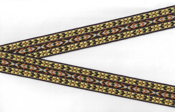 NATIVE AMERICAN F-31-C Jacquard Ribbon Poly Trim 1" wide (25mm) REVERSIBLE in Brown, Yellow, Orange, Green & White Accents, Per Yard