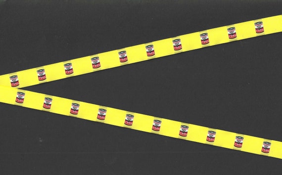 NOVELTY/Dogs B-04-A Jacquard Ribbon Polyester Trim 1/2" wide (13mm) Yellow Background w/Black, Red & White Cans of DOG FOOD