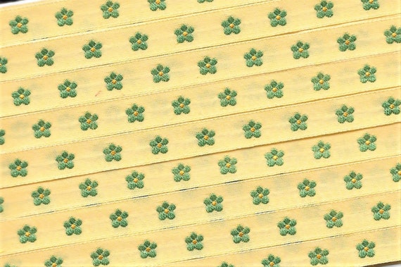 KAFKA A-03/33 Jacquard Woven Organic Ribbon Cotton Trim 7/16" wide (10mm) Yellow Background w/Green & Golden Yellow Forget-Me-Not Flowers
