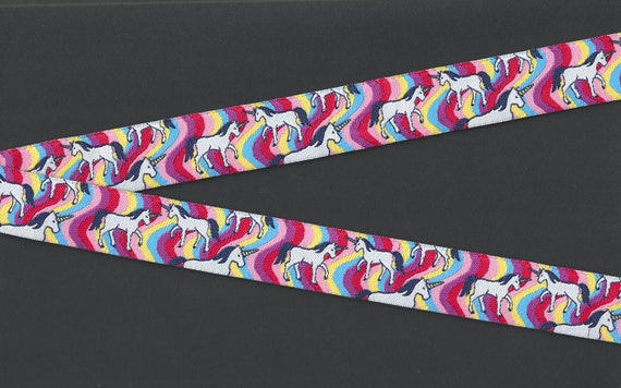 CHILDREN's Fairy Tales E-02-A Jacquard Ribbon Polyester Woven Trim 7/8" Wide (22mm) Unicorns on Rainbow Waves